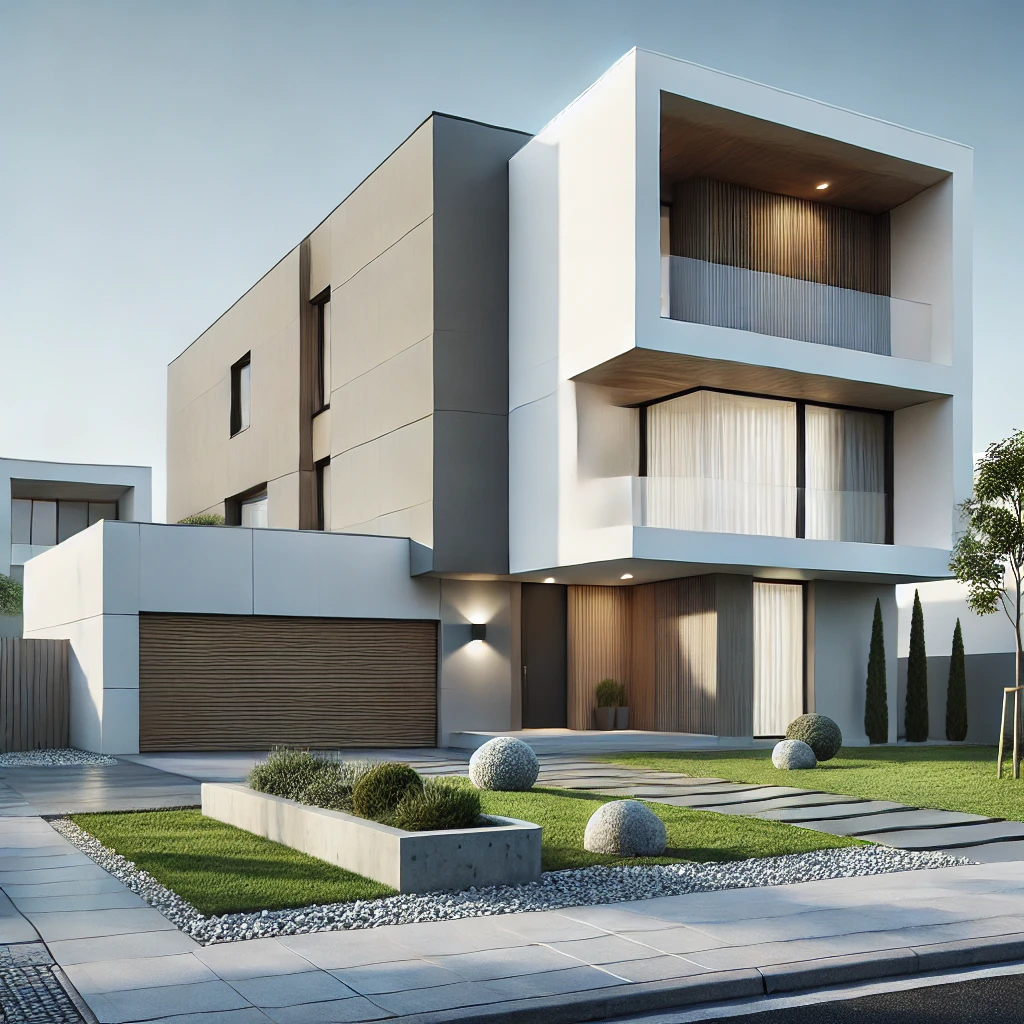 Dall·e 2024 10 09 19.32.16 A Modern Single Family Home With A Sleek Design. The House Features Large Floor To Ceiling Windows, A Flat Roof, And A Minimalist Exterior In Shades O