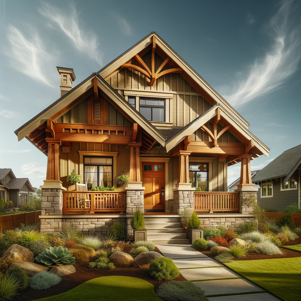 Dall·e 2024 10 09 19.32.32 A Charming Craftsman Style Single Family Home With A Gable Roof And Exposed Wooden Beams. The Exterior Is Painted In A Warm Earthy Tone With Stone Acc